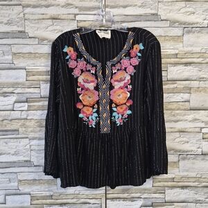 Savanna Jane Blouse Women's XL Black Colorful Embroidery Cottagecore Peasant